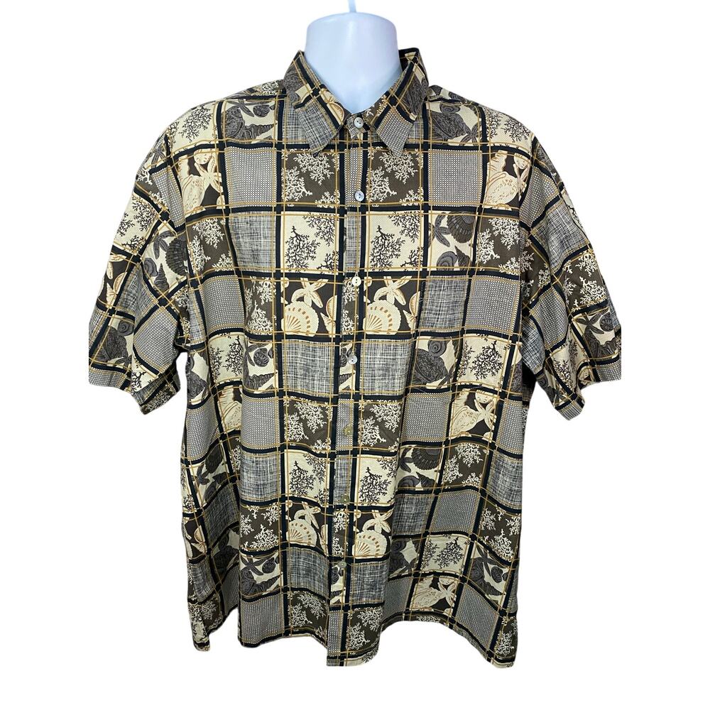 TORI RICHARD Hawaiian Aloha Shirt 2XL Brown Patch Design Cotton Lawn